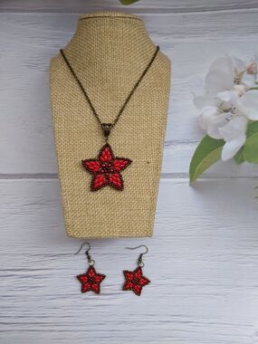 Red Star Flower Necklace & Earrings Set